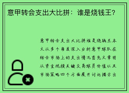 意甲转会支出大比拼：谁是烧钱王？