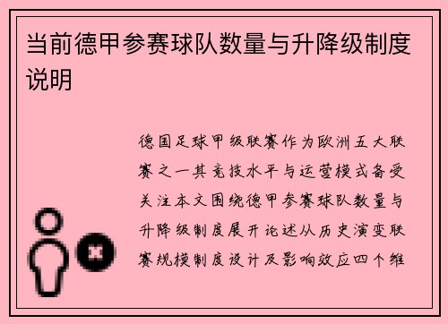当前德甲参赛球队数量与升降级制度说明
